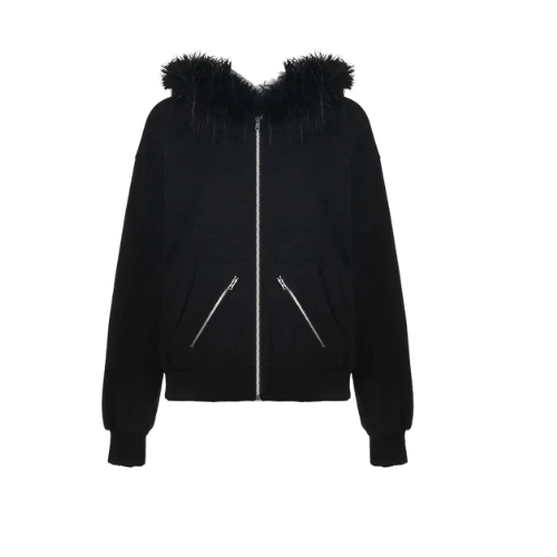Veste à capuche noire en fourrure