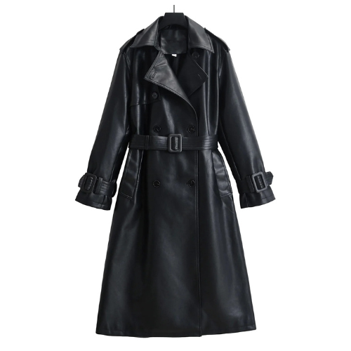 Long manteau noir pour femme en simili cuir