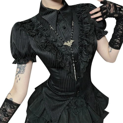 Chemise noir à manches courtes et boutons, style gothique et kawaii