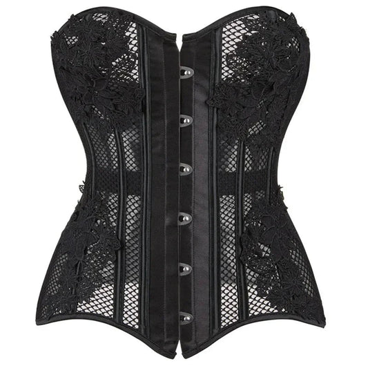 Corset Noir Gothique en Dentelle avec Empiècements Mesh pour Femme