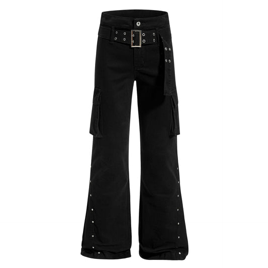 Pantalon slim décoratif rétro à rivets noirs purs