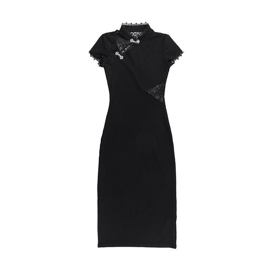 Robe moulante taille basse style gothique, avec bordure en dentelle