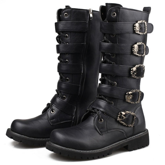 Bottes de moto en cuir PU masculin à mi-mollet Bottes de combat respirantes